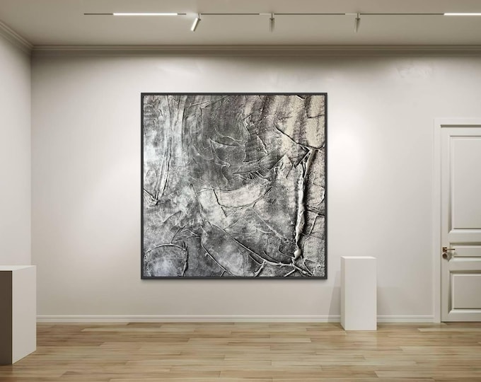 Large Black Silver Abstract Painting: 3D Texture Modern Canvas Wall Art