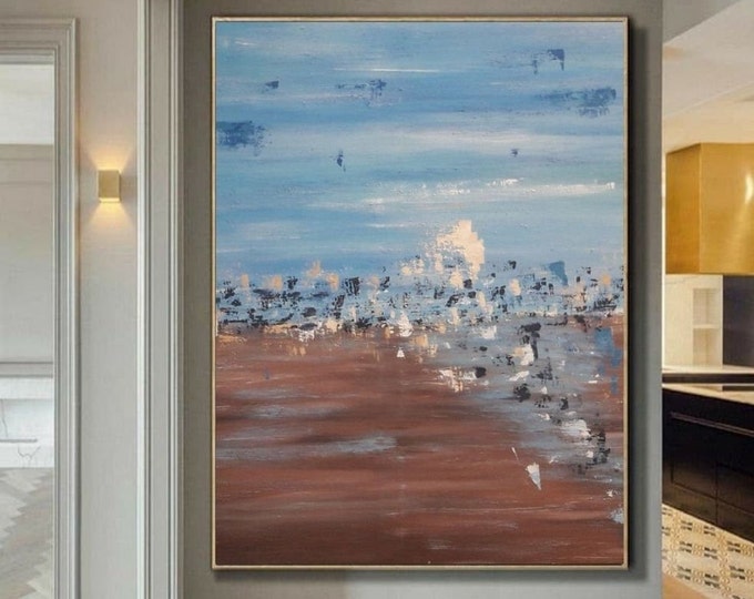 Oversized Abstract Landscape Painting Blue & Brown Textured Canvas Wall Art