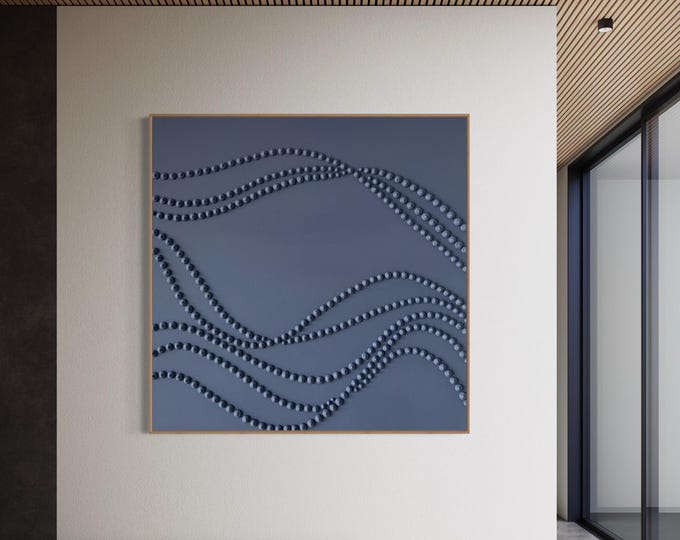 Extra Large Blue Abstract Painting: 3D dot Textured Wall Art Decor Minimalist Handmade Canvas