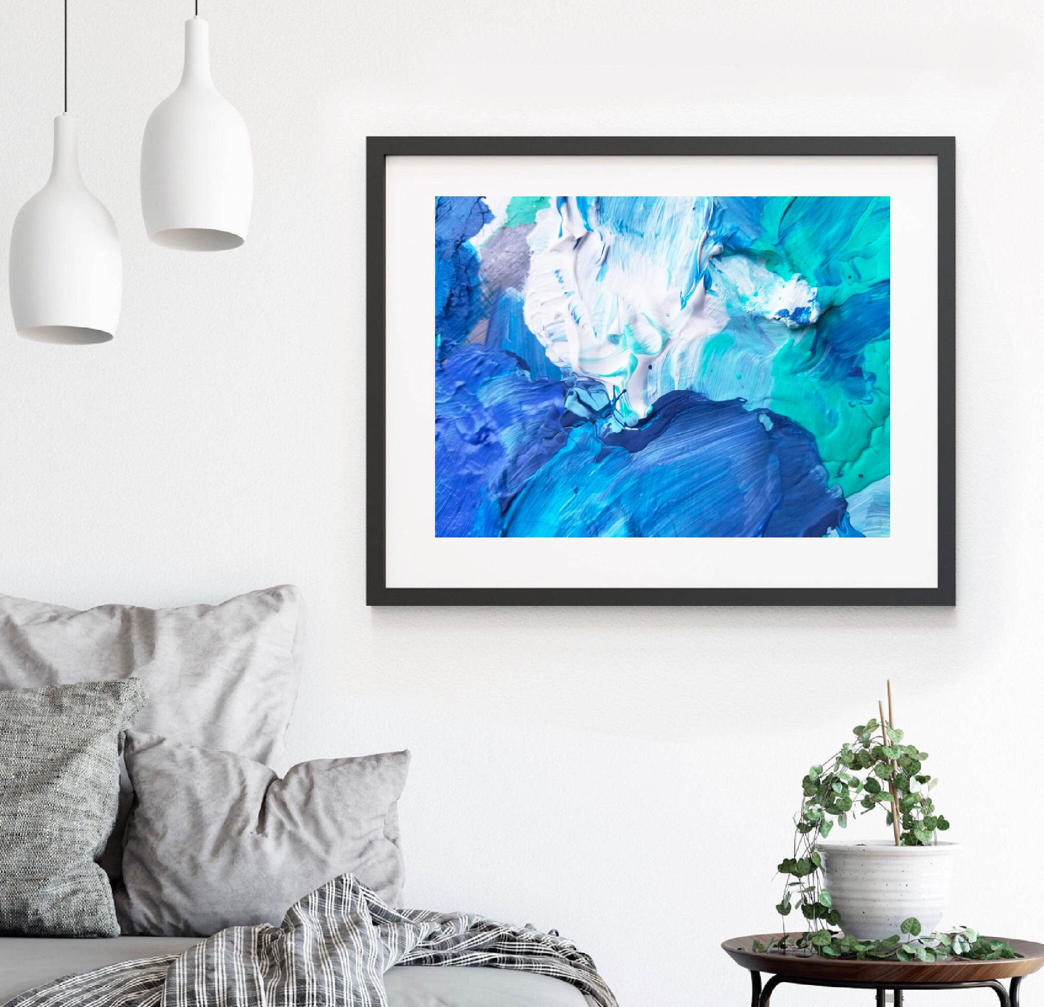 Abstract Blue Wall Art, Ocean Wave Print, Lake House Decor, Blue