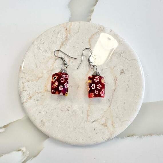 Vintage Red Floral Murano Venetian Glass Bead Dangle Fish Hook Earrings