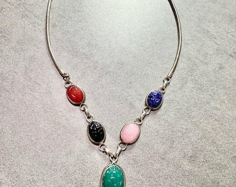 Vintage Skarabäus Ägyptische Multi Halbedelstein Halskette