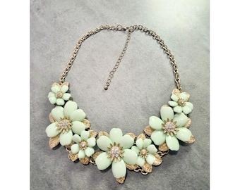 Vintage 1990’s Mint Green Floral Statement Necklace Gold Tone With Crystals Y2K