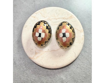Vintage 1980’s Post Back Earrings Hand Painted Folk Art Chunky Egg Shape boho