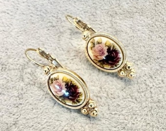 1928 Gold Tone Rose Floral Cameo Drop Earrings