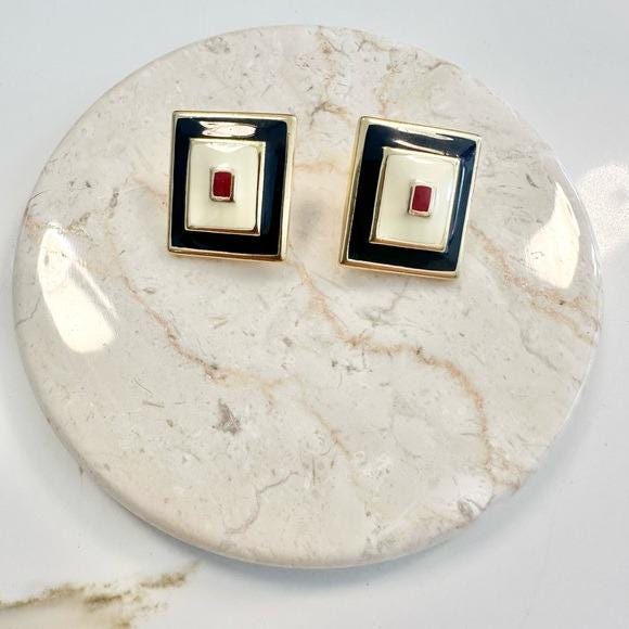 Vintage Monet Red White And Blue Enamel Square Gold Tone Clip On Earrings