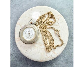 Vintage 1960’s 1970’s Bradley Pocket Watch Pendant Necklace Gold Tone Chain