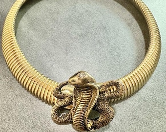 Vintage Omega Gold Tone Cobra Snake Pendant Collar Statement Necklace