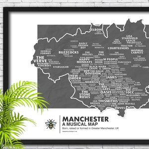 Manchester Music Map Druck – mit Oasis, Joy Joy Abteilung, The Smiths und mehr – einzigartige Wandkunst für Musikfans