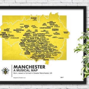 Manchester Music Map Druck – mit Oasis, Joy Joy Abteilung, The Smiths und mehr – einzigartige Wandkunst für Musikfans