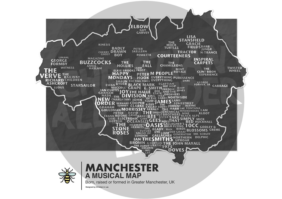 Manchester A Musical Map GREY Wall Art Manchester Music Etsy UK