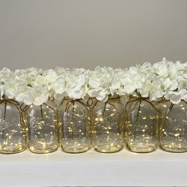 Set Of 6 Lighted Mason Jars, Wedding Centerpiece, White Hydrangeas, Rustic Wedding Table Decor, Lighted Quart Mason Jars