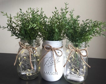 Greenery Mason Jar Table Decor, Mantle Decoration With Lights, Housewarming Gift, Rustic Dining Table Centerpiece, Mason Jars With Lights