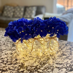 Mason Jar with Lights, Royal Blue Hydrangeas, Centerpiece For Dining Table, Lighted Mason Jar, Farmhouse Table Decor, Flower Mason Jars image 1