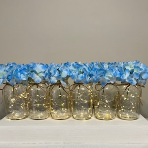 Set Of 6 Fairy Light Mason Jars, Wedding Table Decoration, Blue Hydrangeas, Rustic Wedding Table Decor, Lighted Quart Mason Jars