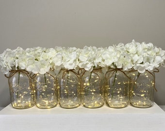 Set Of 6 Lighted Mason Jars, Wedding Centerpiece, White Hydrangeas, Rustic Wedding Table Decor, Lighted Quart Mason Jars