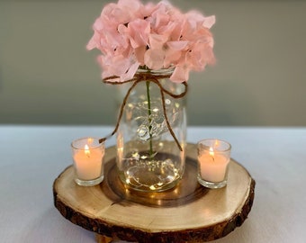 Lighted Mason Jar Centerpiece: Pink Hydrangeas, Fairy Lights, Set of 12, Graduation Centerpieces