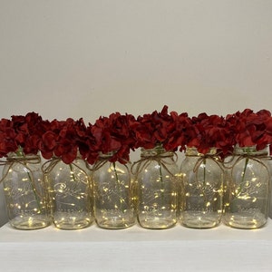 6 Fairy Light Mason Jars, Wedding Table Centerpieces, Burgundy Hydrangeas, Party Table Centerpiece, Mason Jars, Rustic Home Decor