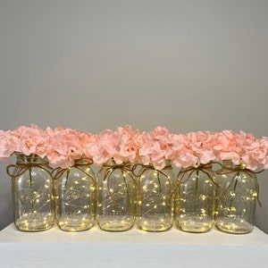 Set Of 6 Fairy Light Mason Jars, Wedding Table Centerpieces, Pink Hydrangeas, Party Table Centerpiece, Mason Jars, Rustic Home Decor image 1