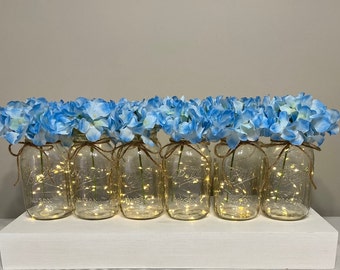 Set Of 6 Fairy Light Mason Jars, Wedding Table Decoration, Blue Hydrangeas, Rustic Wedding Table Decor, Lighted Quart Mason Jars