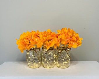 Mason Jar with Lights, Fall Centerpiece For Dining Table, Lighted Mason Jar, Orange Hydrangeas,Farmhouse Table Decor, Fairy Lights Mason Jar