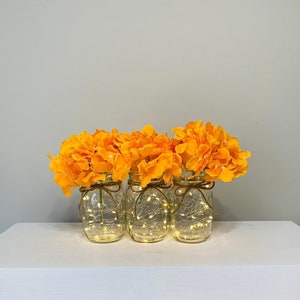 Mason Jar with Lights, Fall Centerpiece For Dining Table, Lighted Mason Jar, Orange Hydrangeas,Farmhouse Table Decor, Fairy Lights Mason Jar