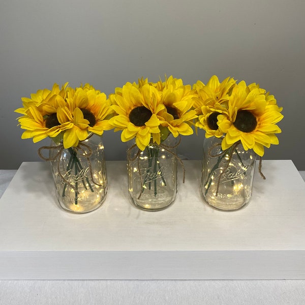 Sunflower Rustic Wedding Centerpiece, 3 Quart Mason Jars with Lights, Summer Party Decor, Farmhouse Table Centerpiece, Rustic Decor