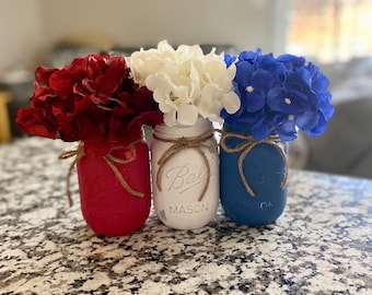 Set of 3 Patriotic Painted Mason Jars, July 4th Centerpiece, Red White & Blue Distressed Mason Jars, Painted Mason Jars, Farmhouse Decor