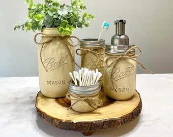 Bathroom Mason Jar Set, Farmhouse Bathroom Decor, Painted Mason Jars, Bathroom Gifts, Mason Jar Gifts, Soap Dispenser, Toothbrush Holder,