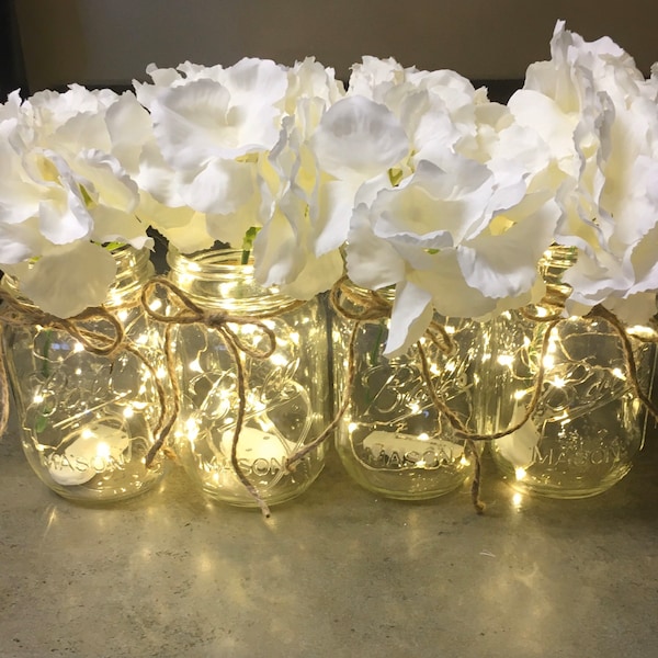 Mason Jar with Lights, Centerpiece For Dining Table, Lighted Mason Jar, Farmhouse Table Decor, Fairy Lights Mason Jar