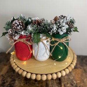 Christmas Centerpiece, Rustic Christmas Mason Jar Decor: Hand Painted Farmhouse Centerpiece, Christmas Table Decorations