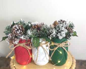 Christmas Mason Jars, Painted Mason Jars, Holiday Decor, Christmas Table Decorations