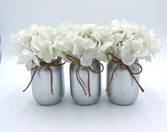 Baby Shower Centerpiece, Silver Painted Mason Jars With Flowers, Rustic Wedding Centerpiece, Farmhouse Decor, Coffee Table Decor