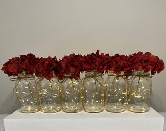 6 Fairy Light Mason Jars, Wedding Table Centerpieces, Burgundy Hydrangeas, Party Table Centerpiece, Mason Jars, Rustic Home Decor