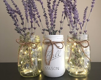 Mason Jar Table Decor, Mantle Decoration With Lights, Housewarming Gift, Rustic Dining Table Centerpiece, Coffee Table Decor, Farmhouse Gift