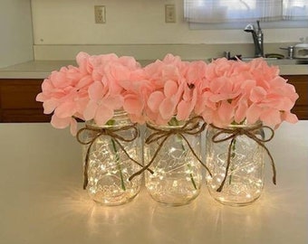 Fairy Light Mason Jars, Flower Arrangement Centerpiece, Christmas Centerpiece For Dining Room Table, Hydrangeas In Mason Jars, Fairy Lights