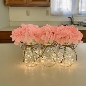 Fairy Light Mason Jars, Flower Arrangement Centerpiece, Christmas Centerpiece For Dining Room Table, Hydrangeas In Mason Jars, Fairy Lights