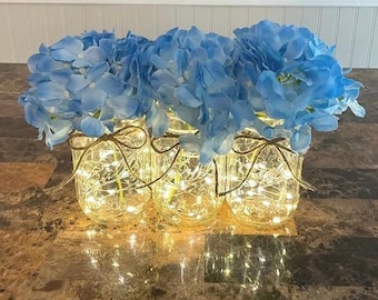 Lighted Mason Jar Centerpiece: Blue Table Centerpieces, Floral Event Decorations