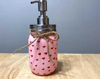 Valentines Day Mason Jar Soap Dispenser, Valentines Day Gift, Cute Mason Jar, Bathroom Decor, Pink Mason Jar With Hearts, Valentines Gift