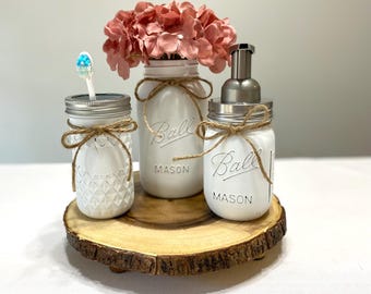 Set of 3 Bathroom Mason Jars, Farmhouse Bathroom Decor, Rustic Bathroom, Soap Dispenser, Toothbrush Holder, Christmas Gift, Wedding Gift,