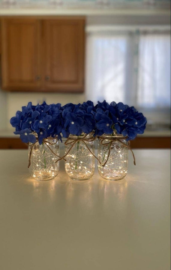 Royal Blue Hydrangeas Centerpiece, Royal Blue And Silver Table Decorations