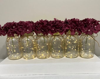 Set Of 6 Lighted Mason Jars, Wedding Centerpieces For Table, Cinnamon Rose  Hydrangeas, Rustic Wedding Decor, Table Centerpiece, Home Decor