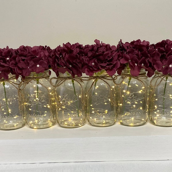 Set Of 6 Lighted Mason Jars, Wedding Centerpieces For Table, Cinnamon Rose  Hydrangeas, Rustic Wedding Decor, Table Centerpiece, Home Decor