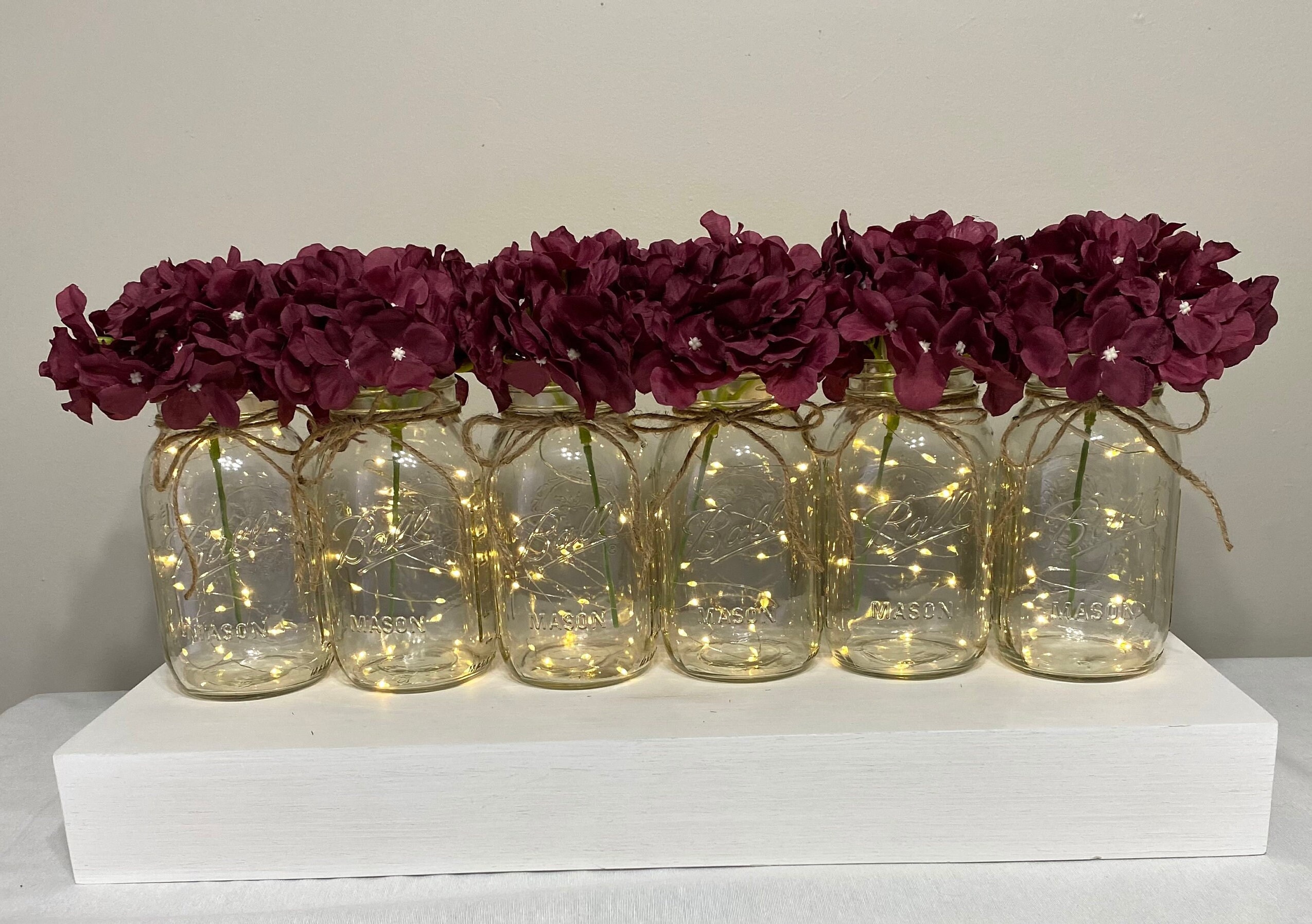 Set Of 6 Lighted Mason Jars, Wedding Centerpieces For Table, Cinnamon Rose  Hydrangeas, Rustic Wedding Decor, Table Centerpiece, Home Decor