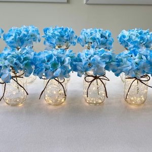 Lighted Mason Jar Wedding Centerpieces: Blue Hydrangeas & Twine (Set of 12), Rustic Wedding Table Decor
