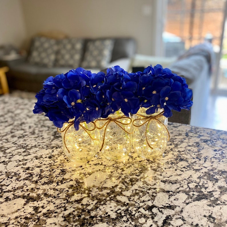 Mason Jar with Lights, Royal Blue Hydrangeas, Centerpiece For Dining Table, Lighted Mason Jar, Farmhouse Table Decor, Flower Mason Jars image 1