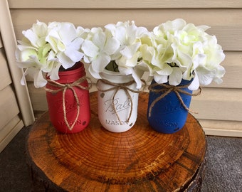 Red White & Blue Mason Jars, Fourth Of July Centerpiece, Painted Mason Jars, Farmhouse Decor, Patriotic Table Decor, Memorial Day