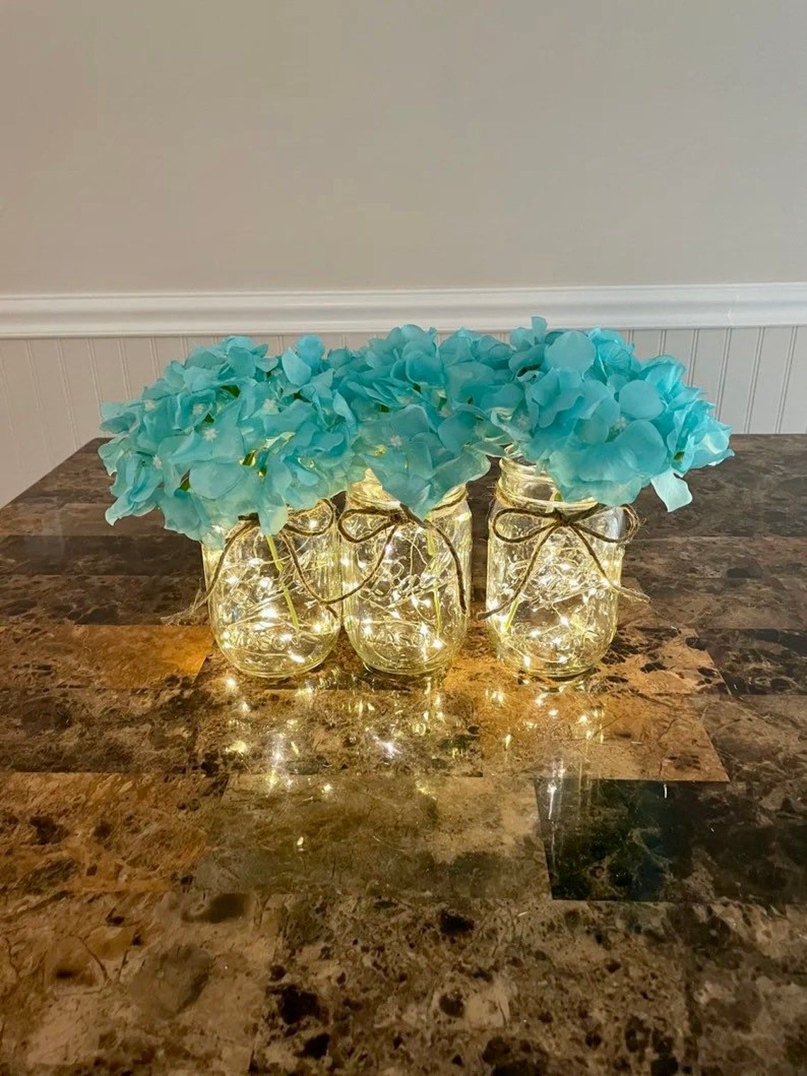 Tiffany Hydrangeas With Fairy Lights Mason Jars Wedding image 1
