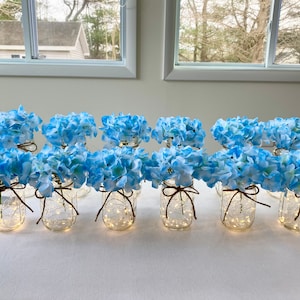 Lighted Wedding Centerpieces - Mason Jars With String Lights And Blue Hydrangeas - Wedding Package Center Pieces - Wedding Table Decor