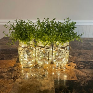Lighted Mason Jars, Jar Light Centerpiece, Rustic Holiday Table Decorations, Decor Gift For Home, Fairy Light Decor